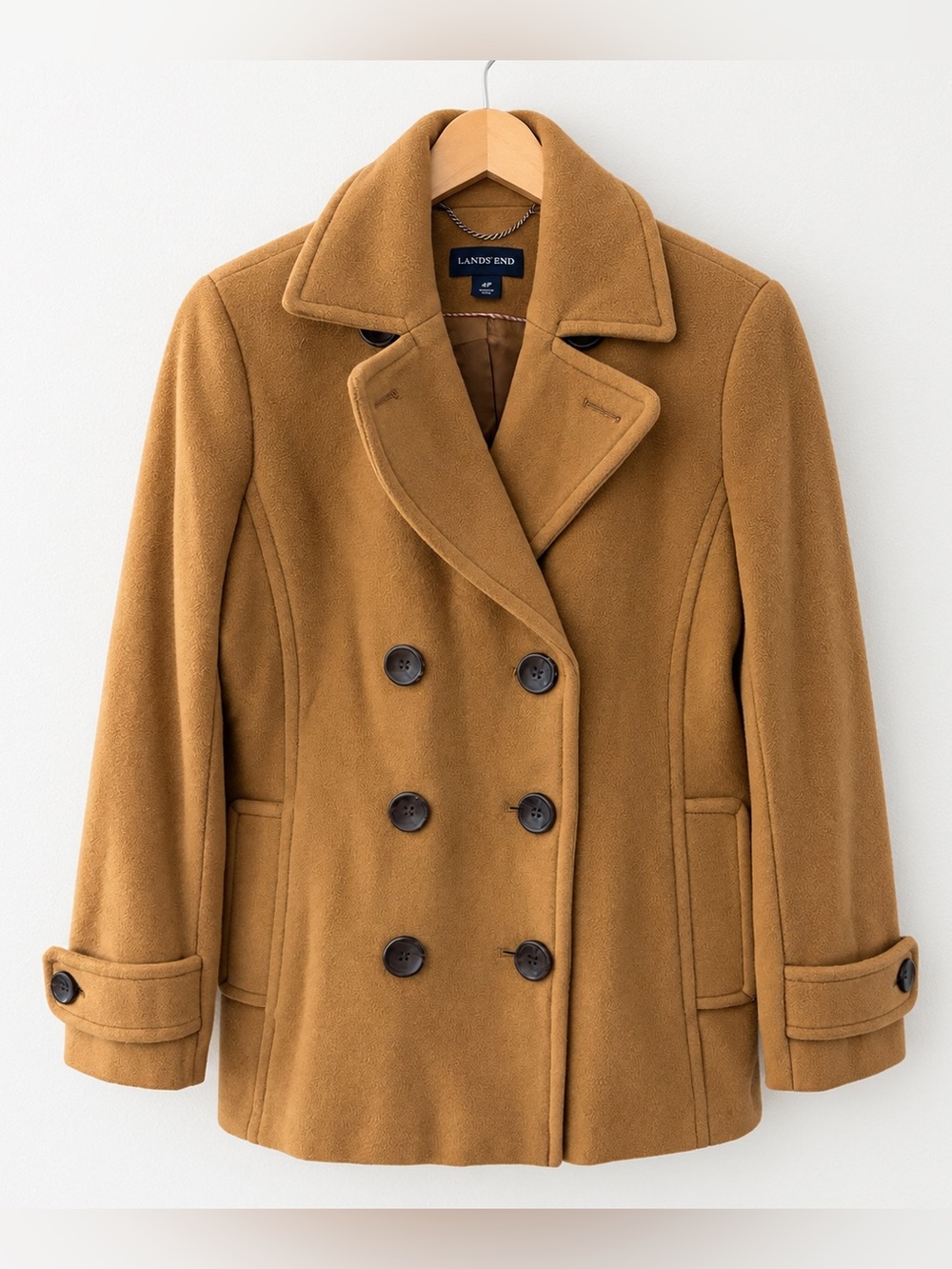 Lands’ End Wool Cashmere Peacoat 4P Petite Camel Double Breasted Coat Preppy